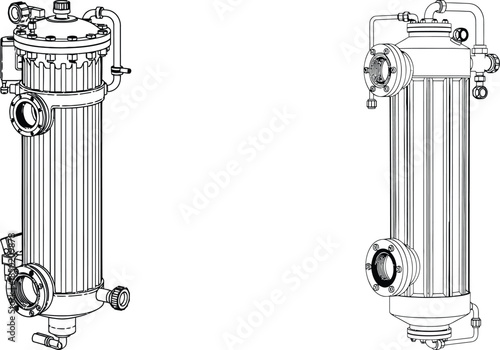 Detailed line drawing of industrial plate heat exchanger showing port connections and ribbed construction