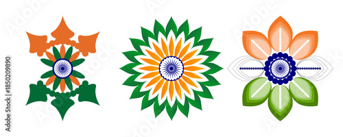 Stylized floral patterns in indian flag colors featuring the ashoka chakra