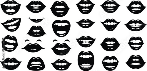 Different mouth expressions isolated silhouettes including smiling, laughing, happy, sad, angry and surprised