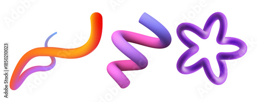 Set of three abstract 3d shapes with colorful gradient textures, including a curved tube, a springlike coil, and a star shape