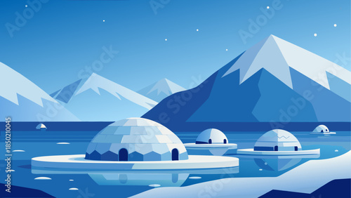 Igloos on ice with mountains in the back