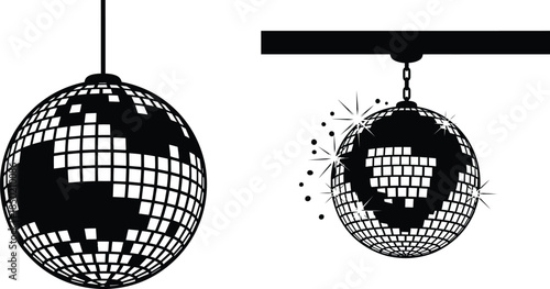 Disco balls silhouettes with hanging chain and pole, music, party decorations design