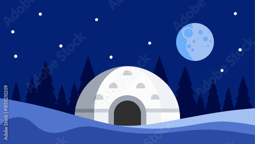 Igloo in a snowy landscape at night time