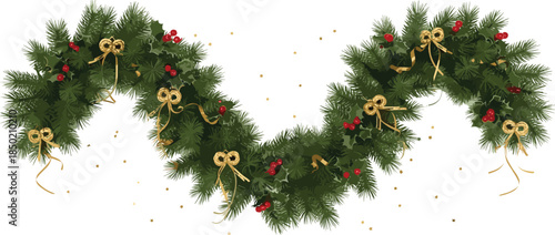 Christmas garland decoration, pine branches, red berries, golden ribbon, festive ornament, holiday confetti, seasonal celebration, traditional decor, vector illustration, winter them
