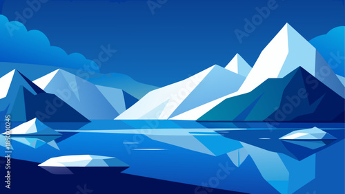 Low poly landscape of icebergs and ocean