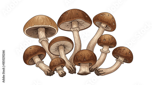 Illustration of a cluster of brown gilled mushrooms with lightcolored stems