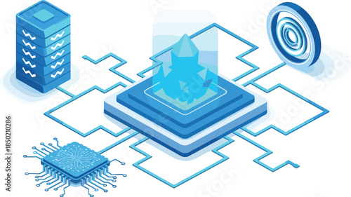 Futuristic data network illustration, AI core, digital processor, server stack, technology flow, circuit design, computing power, abstract tech background