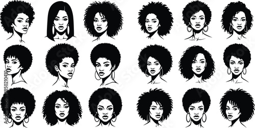 Diverse collection of black women portraits with various afro hairstyles, isolated silhouettes