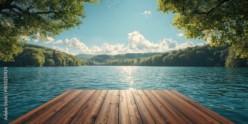 Fototapeta Naklejka Na Ścianę i Meble -  Wooden dock extending into water with lush green forest background, nature scene, summer outdoor activity