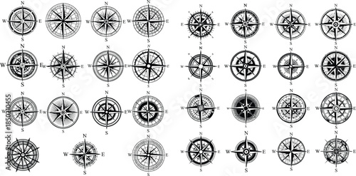 Diverse collection of compass rose variations, nautical chart symbol and direction finders, navigation design elements