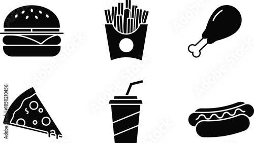 Fast food vector icons set, hamburger, fries, pizza, soda, hot dog, chicken leg, black and white style, isolated illustration, commercial use