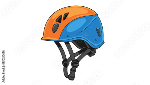 Illustration of a twotoned orange and blue climbing helmet with black straps