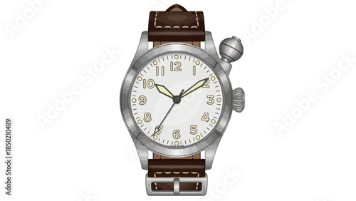 Illustration of a vintagestyle pilots wristwatch with a brown leather strap