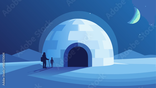 Igloo scene with people and crescent moon