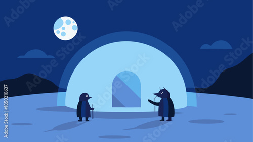 Penguins meeting at night near an igloo