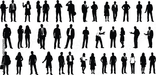 Diverse group of standing people silhouettes in different poses and professions against a neutral backdrop