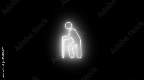 Elderly Man with Cane Icon White Neon Glowing Animation on Black Background
