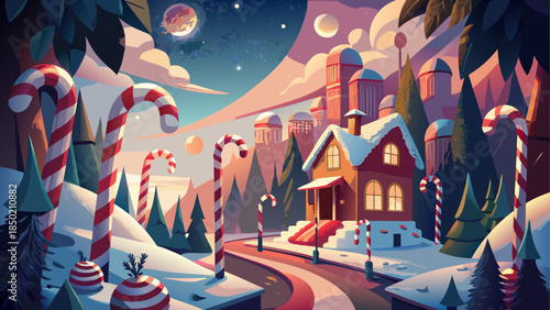 Whimsical winter village with candy canes