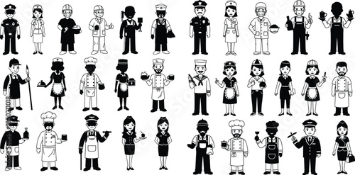 Diverse occupations set featuring uniformed professionals in silhouette and outline for design projects