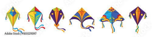 Colorful Traditional Makar Sankranti Kites Set on White Background