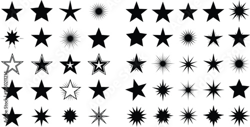 Diverse set of stylized stars, flat starbursts, and outlined shapes for design projects