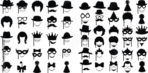 Diverse silhouette party booth props set with hats, wigs, glasses, and masks