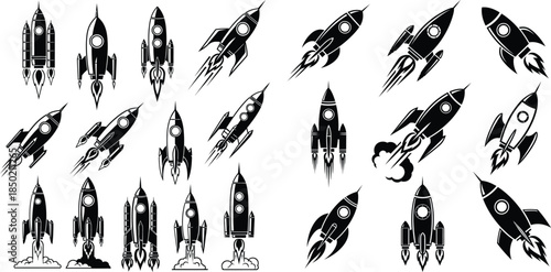 Diverse spaceship silhouette collection for creative design projects, showing different styles and positions