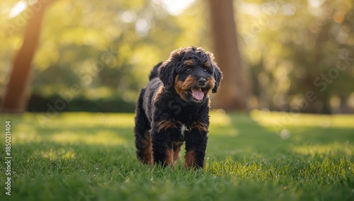 Fototapeta Naklejka Na Ścianę i Meble -  Bernedoodle puppy on a sunny summer stroll, capturing lively pet exercise