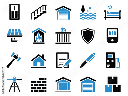 A collection of construction and home improvement icons in blue and black, showcasing tools, elements, and household features.