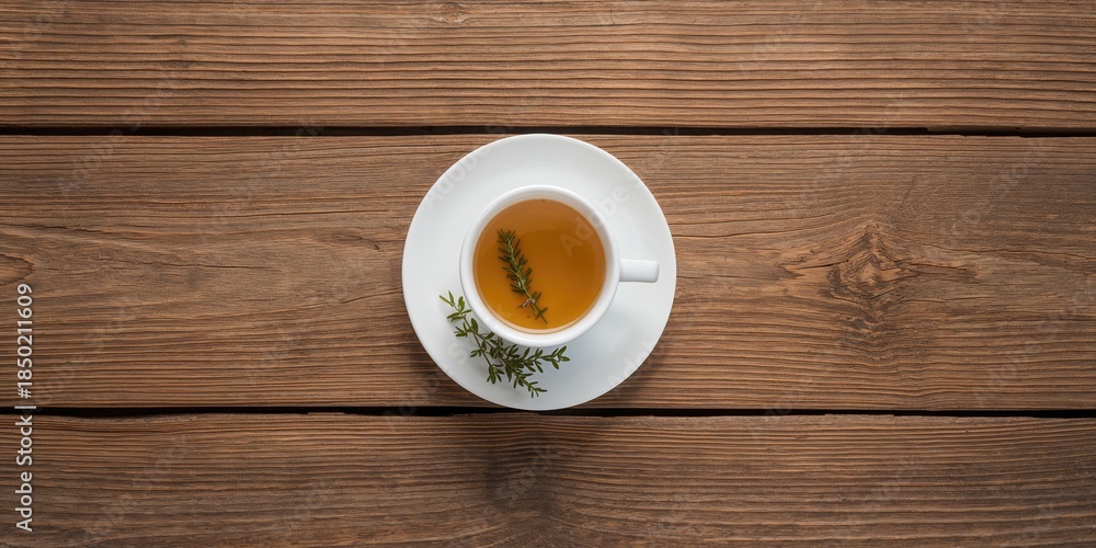 Obraz premium Tea with thyme served in a white cup on a rustic wooden surface, suitable as a background for text or layout, seasonal herbal tea awareness