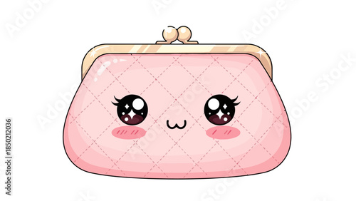 Pink quilted clasp coin purse with large sparkling kawaii eyes and a w mouth