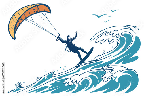 Kitesurfer jumping above ocean waves extreme water sport action scene