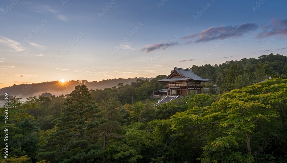 Fototapeta premium Ise Grand Shrine early morning scene, showcasing historic wooden structures and natural lighting for cultural preservation