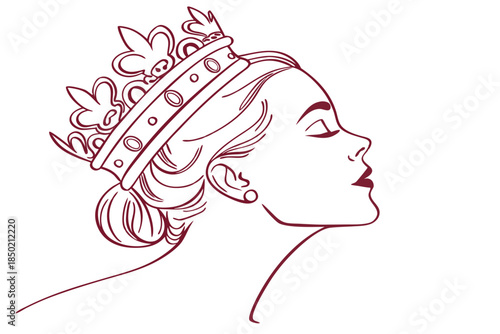 Beautiful woman wearing royal crown elegant queen line art portrait