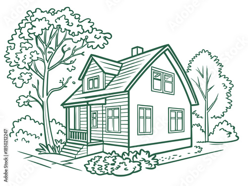 Small green house with garden trees peaceful home nature concept illustration