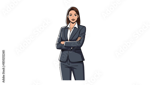 Pixel art of a professional woman in a gray suit with arms crossed