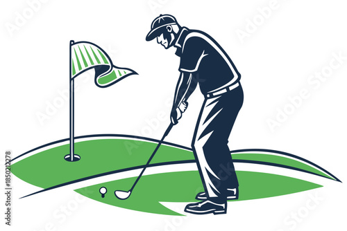 Golfer aiming careful putt on green course with detailed flag illustration