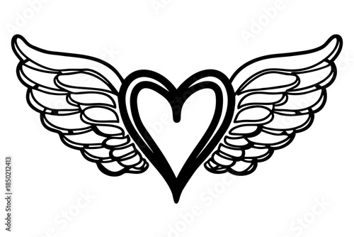 Winged heart outline art romantic freedom and love concept illustration