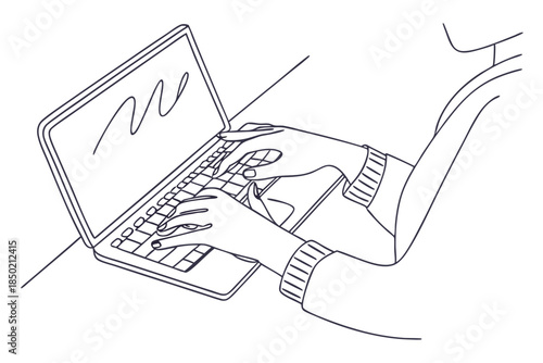 Hands typing on laptop computer line drawing modern work concept