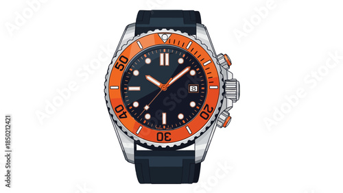 Pixelated illustration of a stainless steel dive watch with an orange bezel and black dial