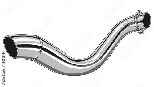 Polished curved metal exhaust pipe section with flared end and mounting flange