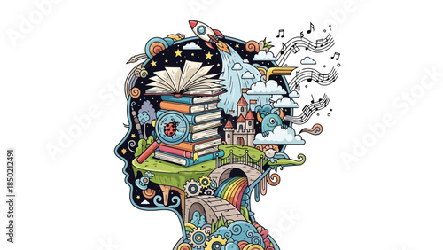 Profile silhouette filled with fantasy scenes books gears and musical notes