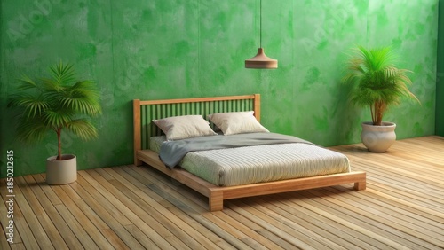 Bedroom interior, wooden bed frame, green wall, and potted plants.