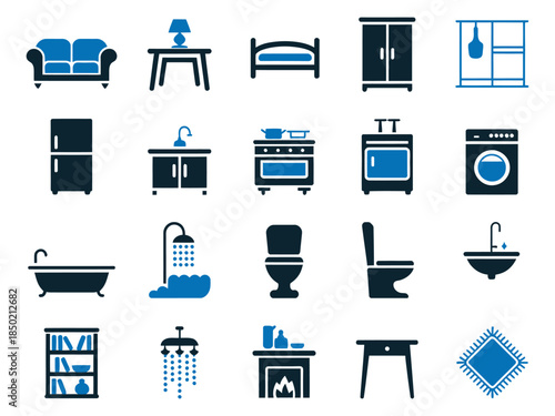 A collection of stylish home appliances and furniture icons in blue, showcasing modern interiors.