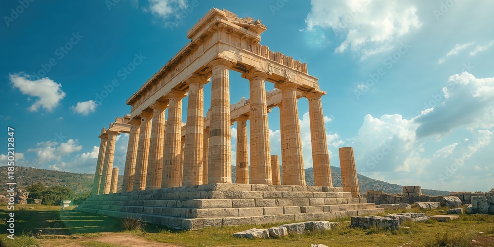 Fototapeta premium Historic stone temple in Italy with blue sky, travel scene emphasizing architecture and age