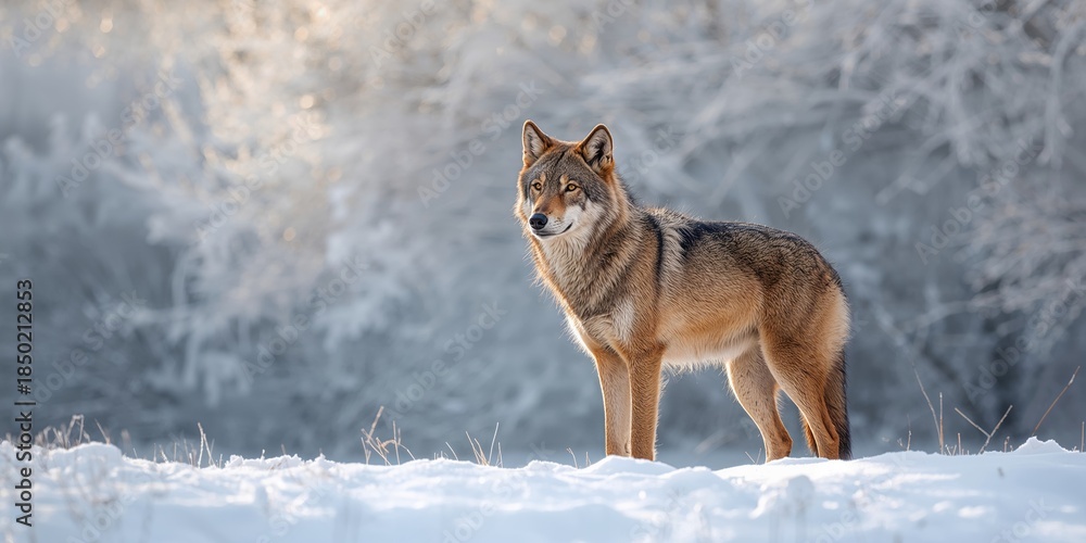 Fototapeta premium Gray and brown wolf in a forest setting, highlighting animal behavior study