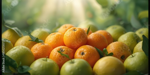 Fototapeta Naklejka Na Ścianę i Meble -  Single orange fruits and green apples, natural produce arrangement for retail presentation