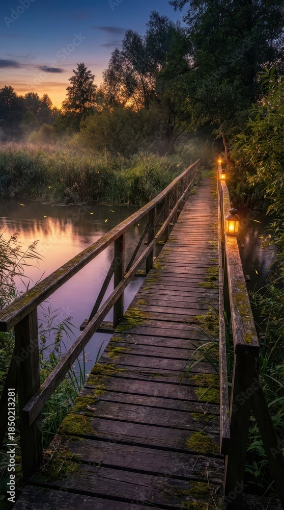 Fototapeta premium Serene wooden bridge over calm water at dawn with soft lighting