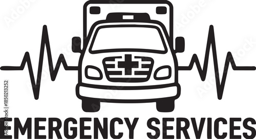 Black and white graphic of an ambulance with a heartbeat line and text emergency services
