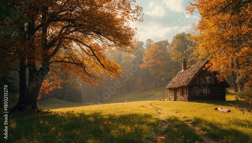 Wallpaper Mural Autumn landscape showing a forest with a forester cabin, orange trees, and grassy glade, seasonal change Torontodigital.ca